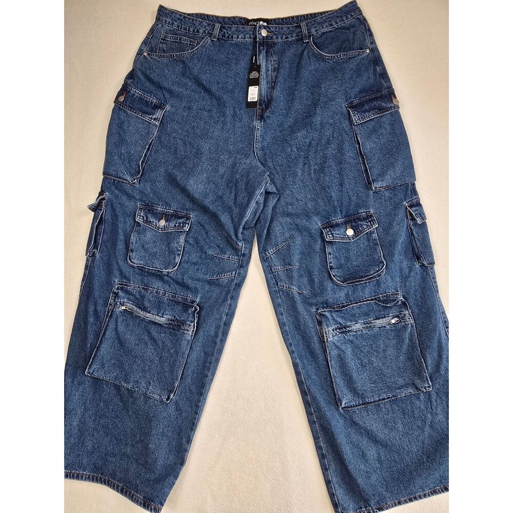 Fashion Nova Womens Blue Denim Cargo Pants Size 22 Wide Leg Baggy NEW - Picture 1 of 5